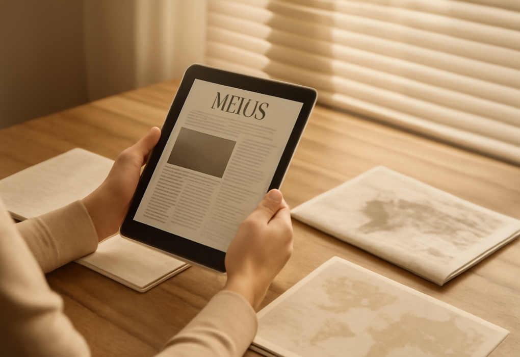 Seseorang membaca berita internasional di tablet sambil mencatat di buku