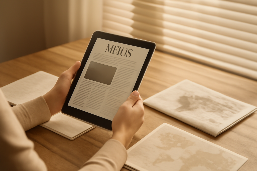 Seseorang membaca berita internasional di tablet sambil mencatat di buku