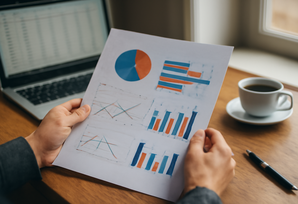Seseorang membaca laporan survei cetak berisi grafik di meja kerja untuk membandingkan hasil lembaga survei internasional