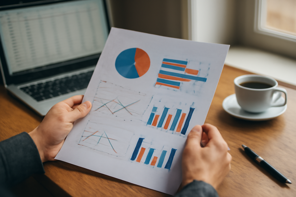 Seseorang membaca laporan survei cetak berisi grafik di meja kerja untuk membandingkan hasil lembaga survei internasional