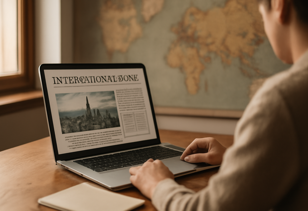 Seseorang sedang membaca berita internasional di laptop dengan catatan di meja kayu