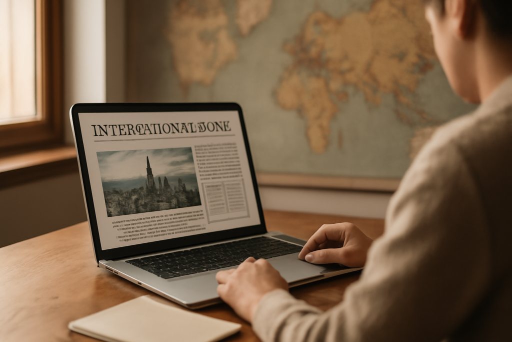 Seseorang sedang membaca berita internasional di laptop dengan catatan di meja kayu